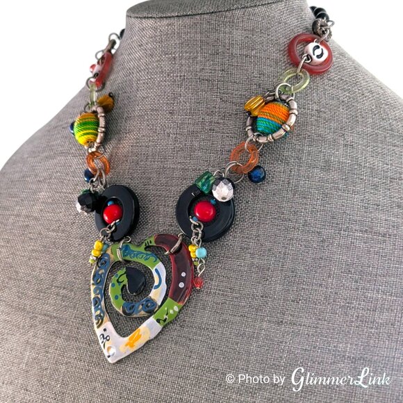 Colorful Mixed Media Heart Pendant Statement Necklace Boho Artsy - Picture 3 of 12